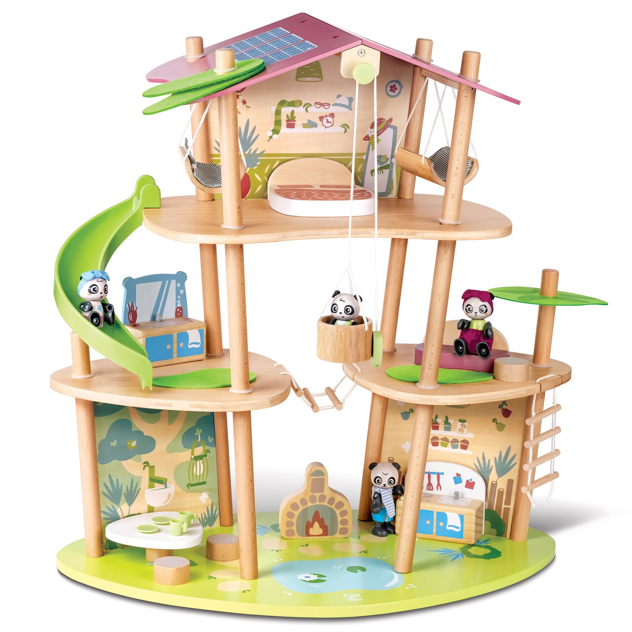 Hape: Pandas Bamboo House - 25pc Wooden & Bamboo 3 Level Doll House, Animal Figurines & Accessories, Playset, Green Planet Explorers, Kids Ages 3+